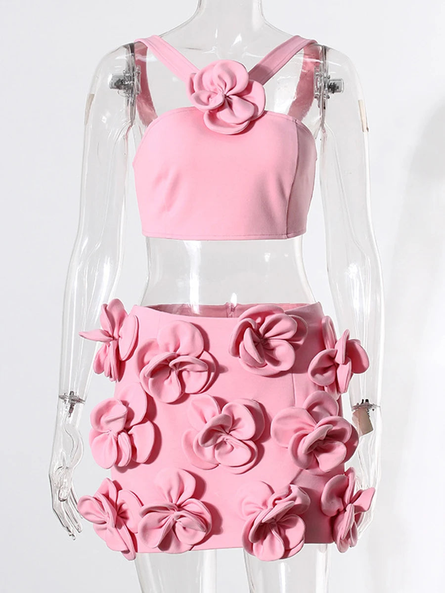 Solid Spliced Appliques Two Piece Set For Women Halter Sleeveless Top High Waist Mini Slimming Skirt Sets Female