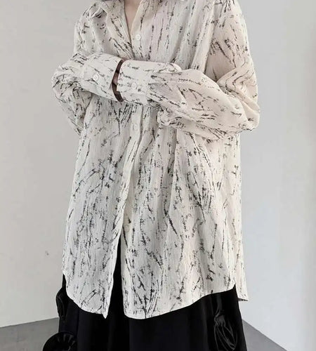 Women Pattern Printed Thin Pleated Big Size Blouse New Lapel Long Sleeve Shirt Fashion Tide Spring Autumn 2025 1DJ0406