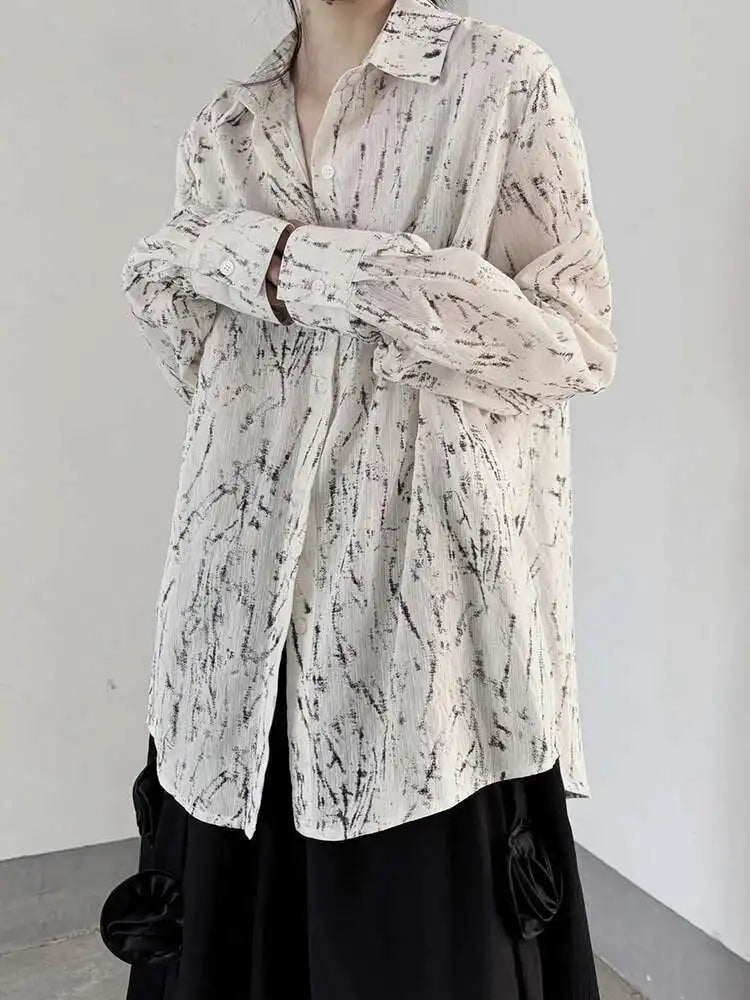 Women Pattern Printed Thin Pleated Big Size Blouse New Lapel Long Sleeve Shirt Fashion Tide Spring Autumn 2025 1DJ0406