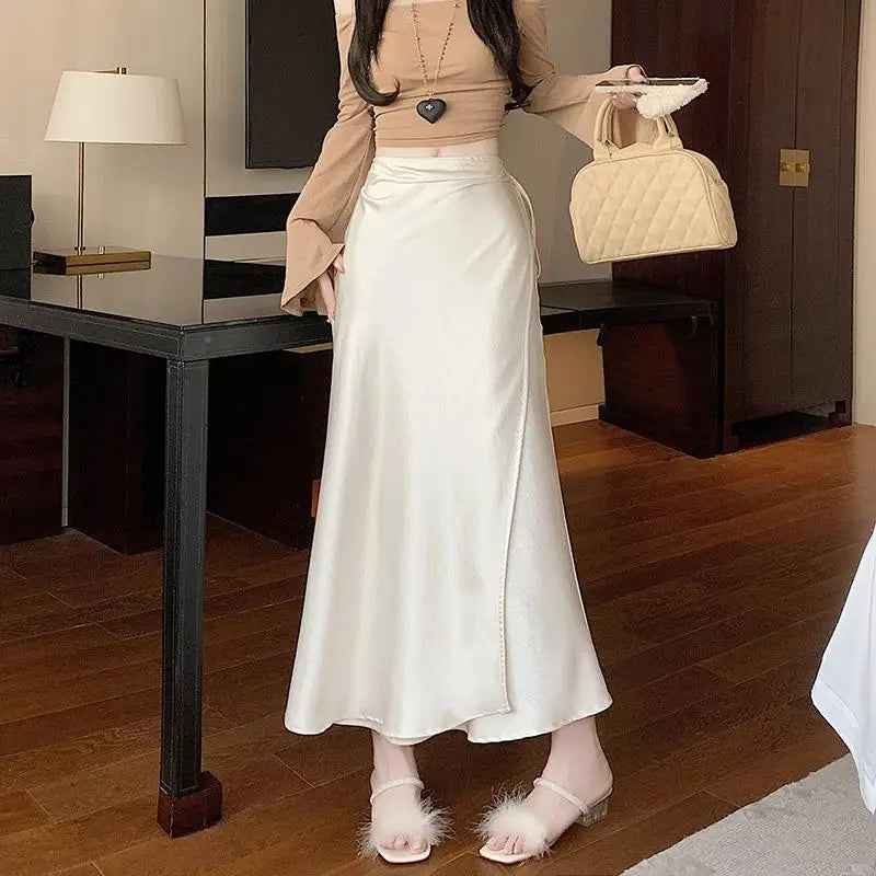 French Fashion Solid High Waist Lace-up Long Skirts 2025 Spring Summer Women Vacation Pleated Fishtail Skirt Simplicity Popular