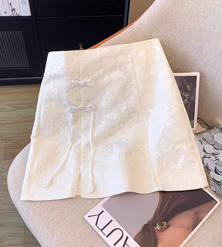 Chinese Style Vintage White Elegant Split Mini Skirt Spring Summer Fashion Black High Waist Party Short Skirt Women Clothing New