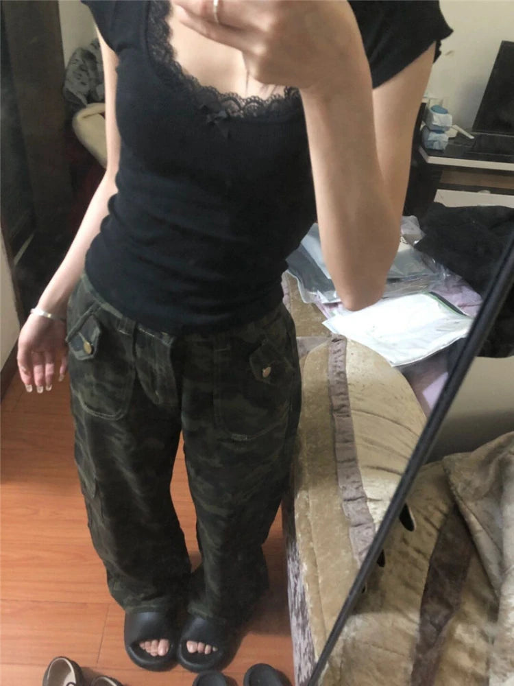 2025 Y2k Aesthetic Lace Patchwork Crop Top Streetwear Harajuku Women Vintage U Neck T-shirt Streetwear Bow Bottoming Grunge Tees