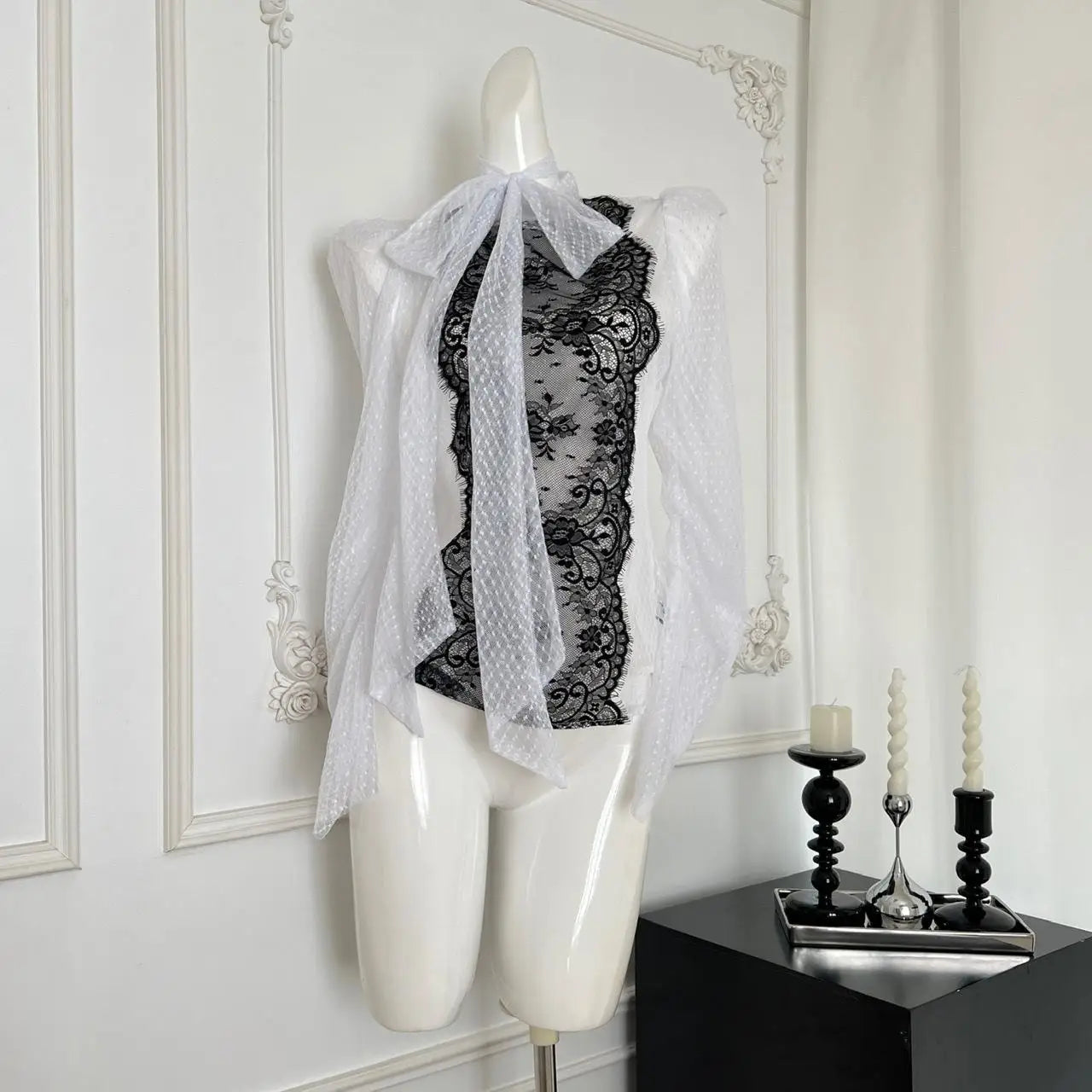 Autumn Women French Black White Dot Patchwork Lace Bow Lace-up Top Vintage Temperament Long Sleeve Zipper Clothing Popular Trend