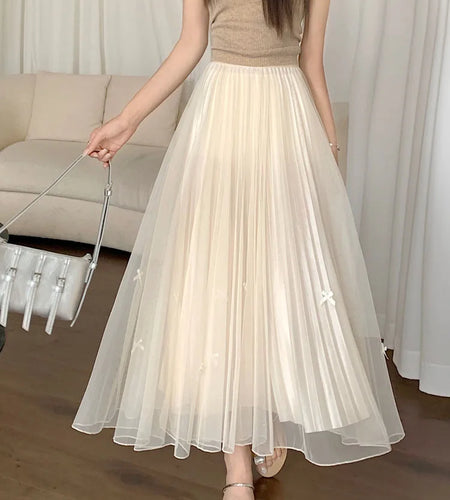 Women Solid Sweet Long Skirt 2023 New Korean Fashion Bow Elegant A Line Elastic High Waist Party Pleated Mesh Skirt Female Retro