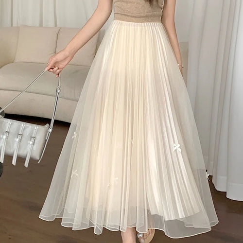 Load image into Gallery viewer, Women Solid Sweet Long Skirt 2023 New Korean Fashion Bow Elegant A Line Elastic High Waist Party Pleated Mesh Skirt Female Retro
