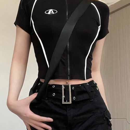 Load image into Gallery viewer, Streetwear Stripe Stitched Zipper Female T-shirts Embroidery Crop Top Bodycon Casual Moto&amp;Biker Summer Tee Shirt Y2K
