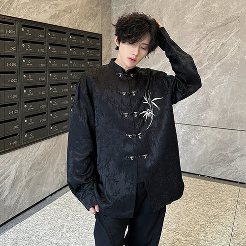 Load image into Gallery viewer, Loose Male Shirts Solid Color Single Breasted New Chinese Embroidered Bamboo Leaf Shirt Spring Summer Men's Top 9W1345
