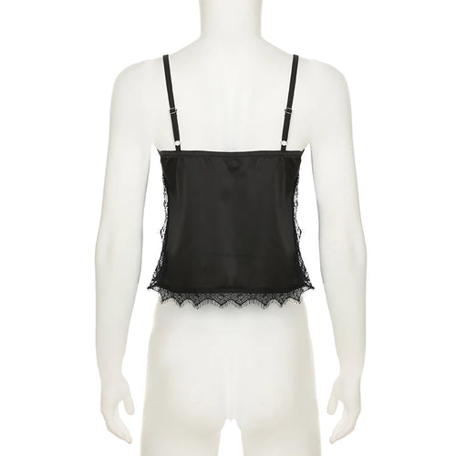 Load image into Gallery viewer, Fashion Black Lace Patchwork Satin Sexy Camisole Strap Women's Slimming With Bow Summer Front Slit Cropped Tops Chic
