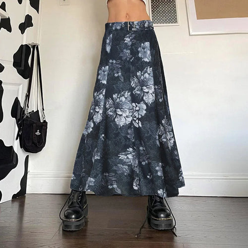 Load image into Gallery viewer, Grunge Stitched Belted Floral Printed Long Skirt Female Vintage Fashion A-Line Autumn Skirt Party 2000s Aesthetic Y2K
