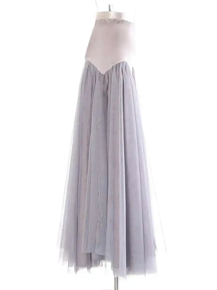 High Waist Gray Mesh Color-block Spliced Elegant A-line Half-body Skirt Women Fashion Tide New Spring Autumn 2025 1DH9838