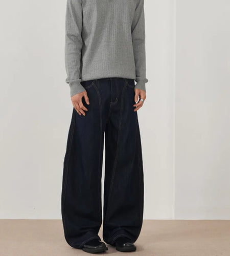 Men's Jeans New  American Style Straight Wide Leg Curved Jeans Solid Color Line Design Fashion Male Casual Trousers 9W1896