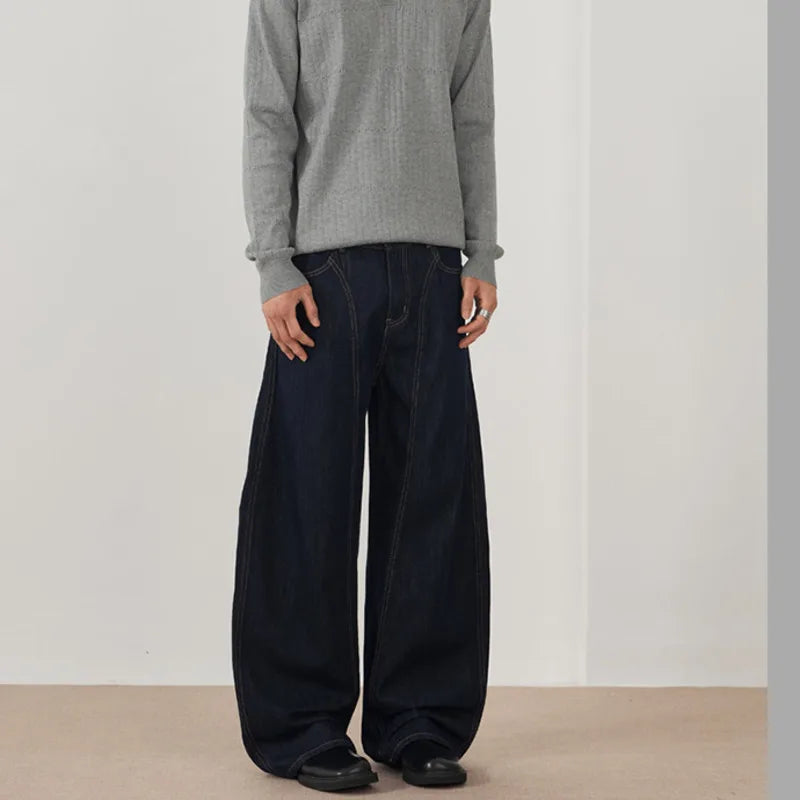 Men's Jeans New  American Style Straight Wide Leg Curved Jeans Solid Color Line Design Fashion Male Casual Trousers 9W1896