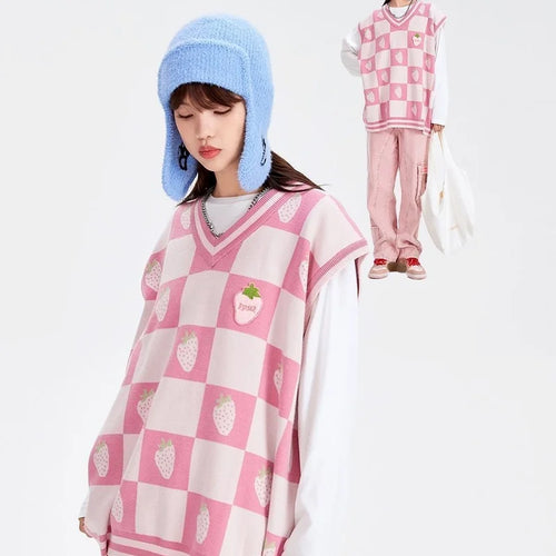 Load image into Gallery viewer, Sweet Pink Plaid V-Neck Sleeveless Knitted Sweater Vest Women Y2k Strawberry Waistcoat Spring Autumncute Vests Tops
