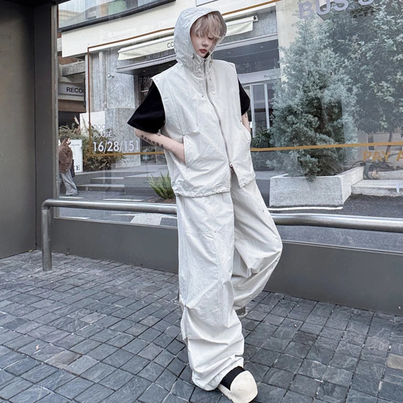 Men's Pants Set New Summer Solid Color Rivet Hooded Trendy Singel Breasted Vest Male Casual Straight Leg Pants 9W1790