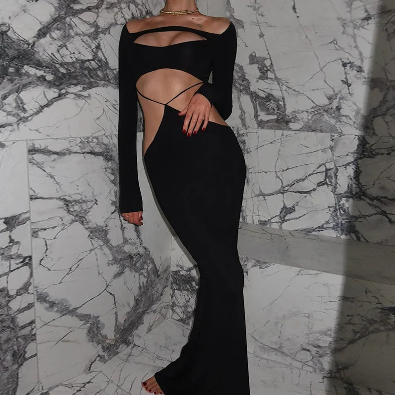 Hollow Out Long Sleeve Sexy Maxi Dress For Women Black Solid Backless Bodycon Club Party Sexy Long Dress Elegant