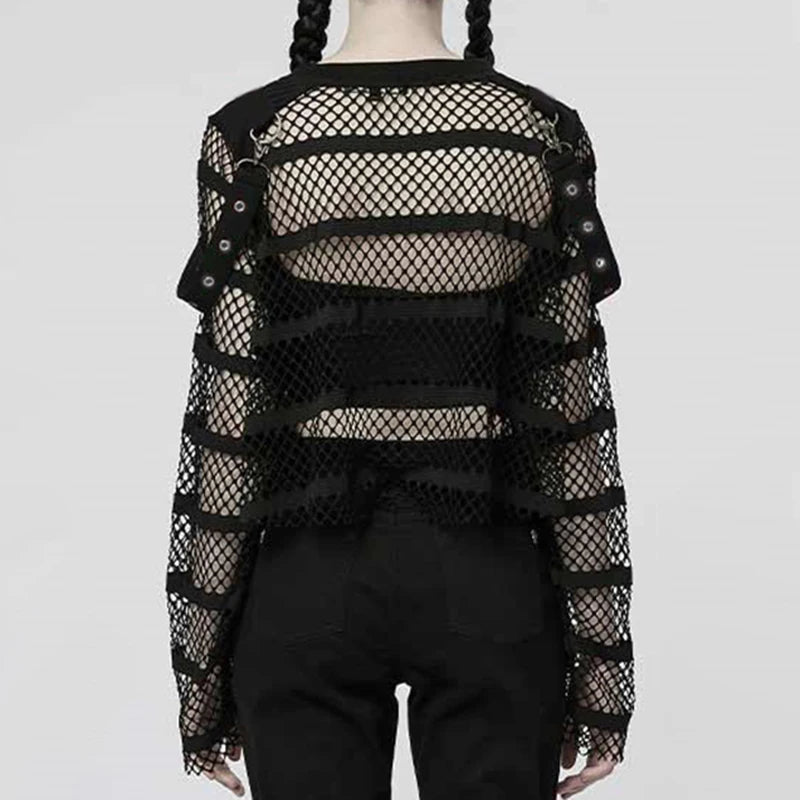 Streetwear Gothic Punk Style Fishnet Top Smock Summer T shirt Women Buckle See Through Pullover Dark Academia Shirts
