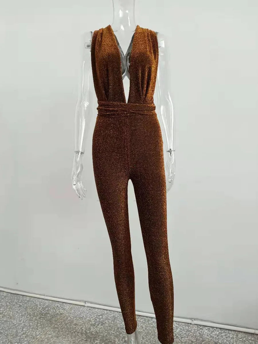 Sexy DeepV Elastic Tight Jumpsuit For Women 2024 New Shoulder Strap Bright Silk Jumpsuit Fashionable Temperament Rompers