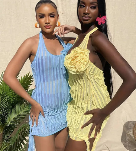 Halter Floral Pleated Sexy Mini Dress For Women Robe Fashion Sleeveless Backless Draped Club Party Dress Elegant