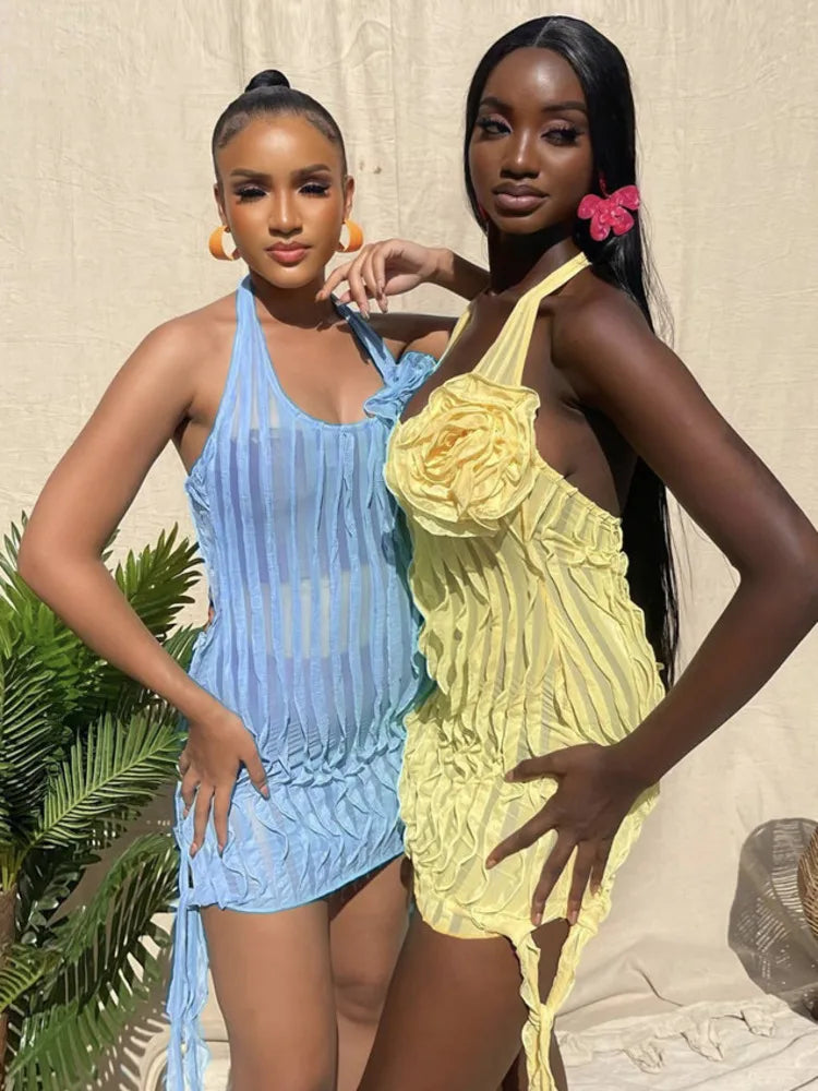 Halter Floral Pleated Sexy Mini Dress For Women Robe Fashion Sleeveless Backless Draped Club Party Dress Elegant