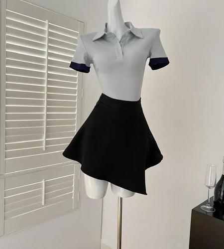 Summer Women Blue Patchwork Button Short Sleeved Tops And Black High Waist Asymmetrical Pleated Short Skirt 2025 Two-piece Sets