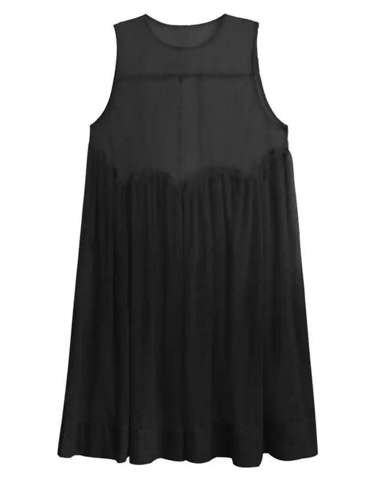 Women Black Big Hem Mesh Big Size Elegant Perspective Dress New Round Neck Sleeveless Fashion Spring Summer 2025 1DH6298
