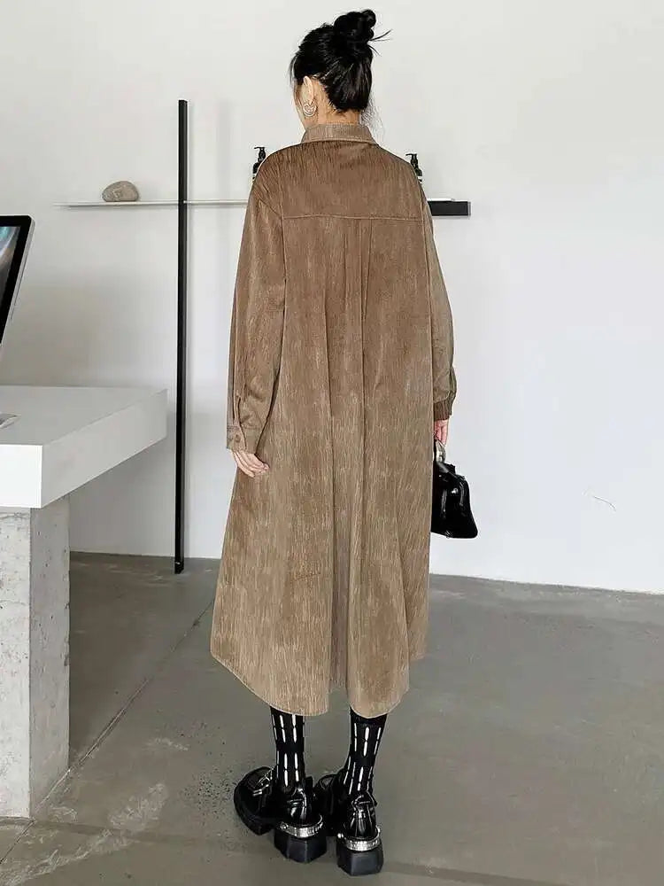 Women Khaki Drawstring Irregular Big Size Elegant Midi Dress New Long Sleeve Fashion Tide Spring Autumn 2025 1DH7270