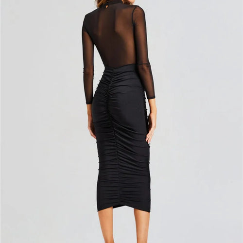 Load image into Gallery viewer, Sheer Long Sleeve Ruched Sexy Maxi Dress Women Fashion Half High Collar See Through Backless Bodycon Sexy Long Dress
