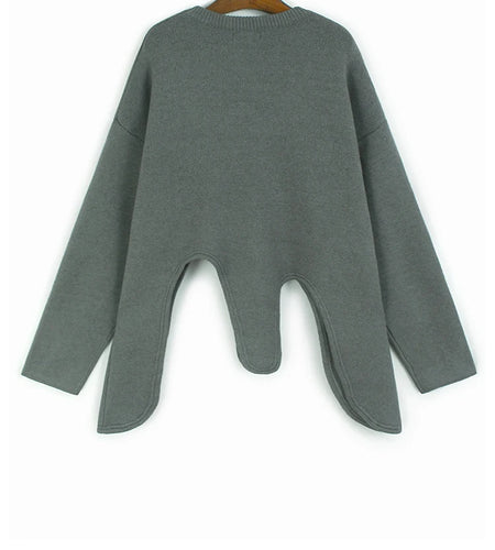 Gray Irregular Big Size Knitting Sweater Round Neck Long Sleeve Women Pullovers New Fashion Spring Autumn 2025 1DH9452