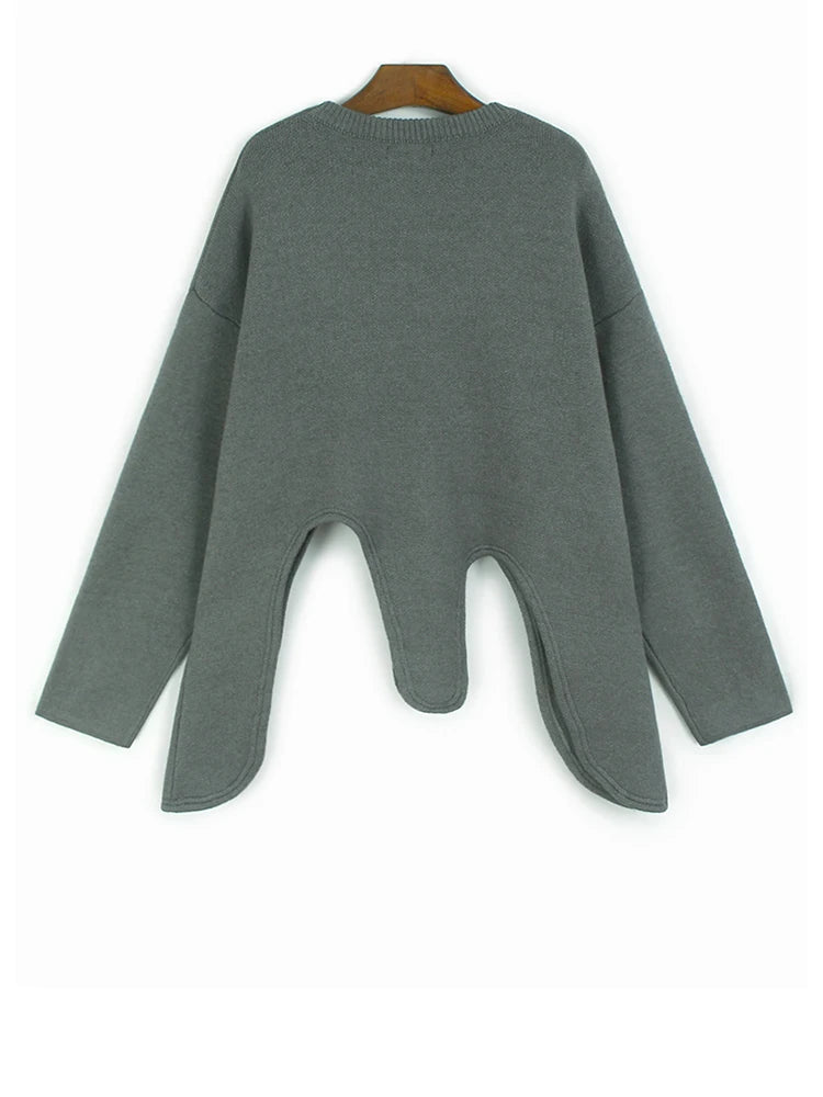 Gray Irregular Big Size Knitting Sweater Round Neck Long Sleeve Women Pullovers New Fashion Spring Autumn 2025 1DH9452