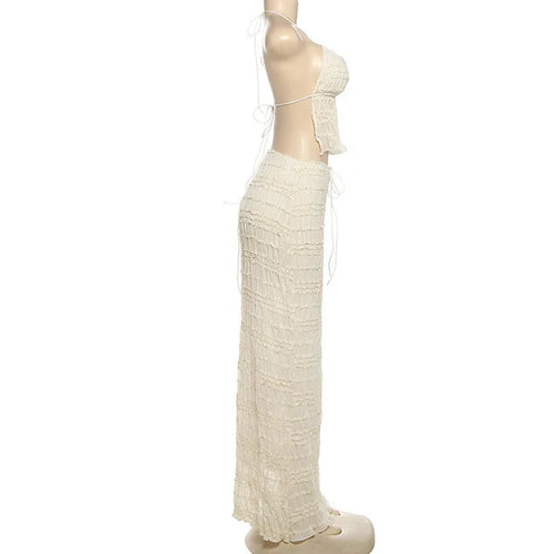 Load image into Gallery viewer, Chiffon Lace Sexy Skirt Two Piece Sets Women Halter Crop Tops And Maxi Skirt Ladies Fashion Woman Long Dress Set
