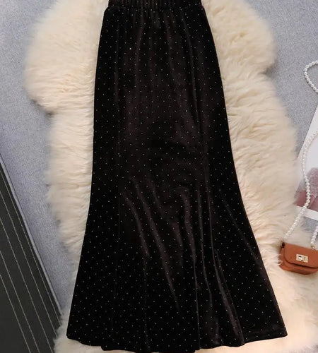 Vintage Black Velvet Diamonds Mermaid Skirt Autumn Winter Women's Brown Elastic High Waist Party Wrap Hip Long Skirts Female New