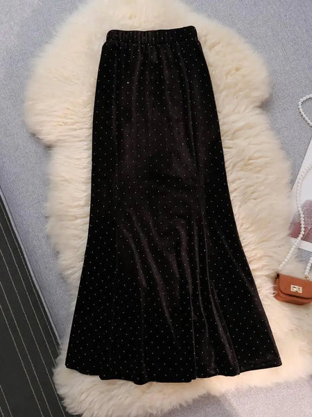 Vintage Black Velvet Diamonds Mermaid Skirt Autumn Winter Women's Brown Elastic High Waist Party Wrap Hip Long Skirts Female New