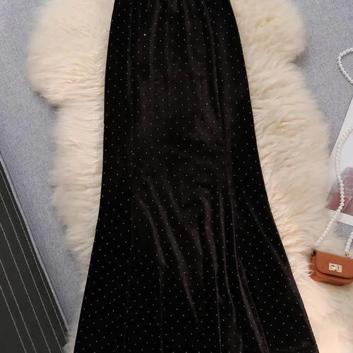 Load image into Gallery viewer, Vintage Black Velvet Diamonds Mermaid Skirt Autumn Winter Women&#39;s Brown Elastic High Waist Party Wrap Hip Long Skirts Female New
