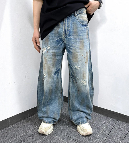 Men's Jeans New Summer Dirty Simple Straight Wide Leg Trendy Worn-out Pesonality Hole Male Loose Denim Pants 9W1862