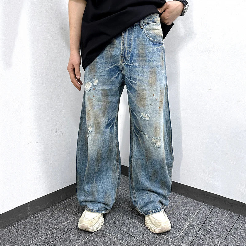 Men's Jeans New Summer Dirty Simple Straight Wide Leg Trendy Worn-out Pesonality Hole Male Loose Denim Pants 9W1862