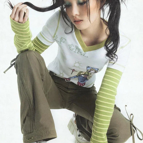 Load image into Gallery viewer, 2025 E-girl Fake Two Piece Striped Patchwork Long Sleeve Tshirts Women Harajuku Cartoon Graphic Tee Y2k Tops Aesthetic T-shirt
