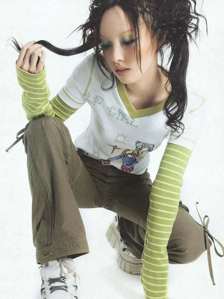 2025 E-girl Fake Two Piece Striped Patchwork Long Sleeve Tshirts Women Harajuku Cartoon Graphic Tee Y2k Tops Aesthetic T-shirt