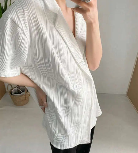 Women White Pleated Elegant Big Size Blouse New Lapel Short Sleeve Loose Fit Shirt Fashion Tide Spring Summer 2025 1DF0381