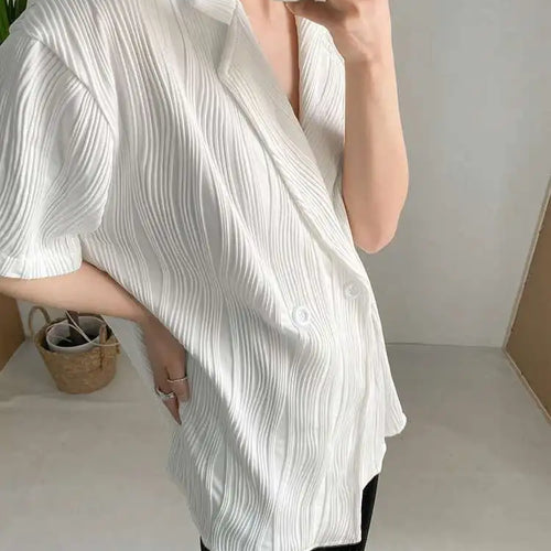 Load image into Gallery viewer, Women White Pleated Elegant Big Size Blouse New Lapel Short Sleeve Loose Fit Shirt Fashion Tide Spring Summer 2025 1DF0381
