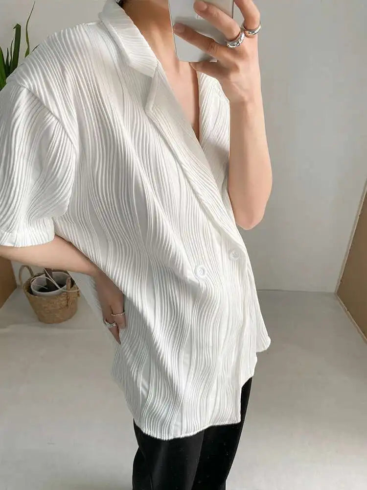 Women White Pleated Elegant Big Size Blouse New Lapel Short Sleeve Loose Fit Shirt Fashion Tide Spring Summer 2025 1DF0381