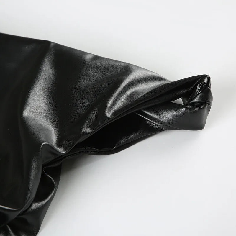 Ruched PU Leather Sexy Tank Tops For Women Fashion Oblique Shoulder Sleeveless Backless Skinny Crop Tops Elegant