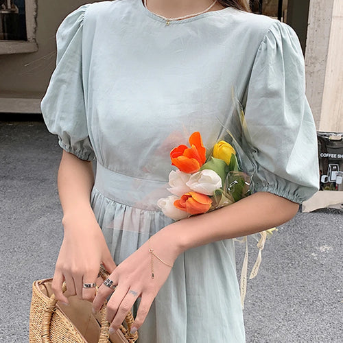 Load image into Gallery viewer, Korean Pure Color Romantic O-neck Short Sleeve Dress Women Summer New Fashion Midi Long Dress Casual Green Dresses Ladies
