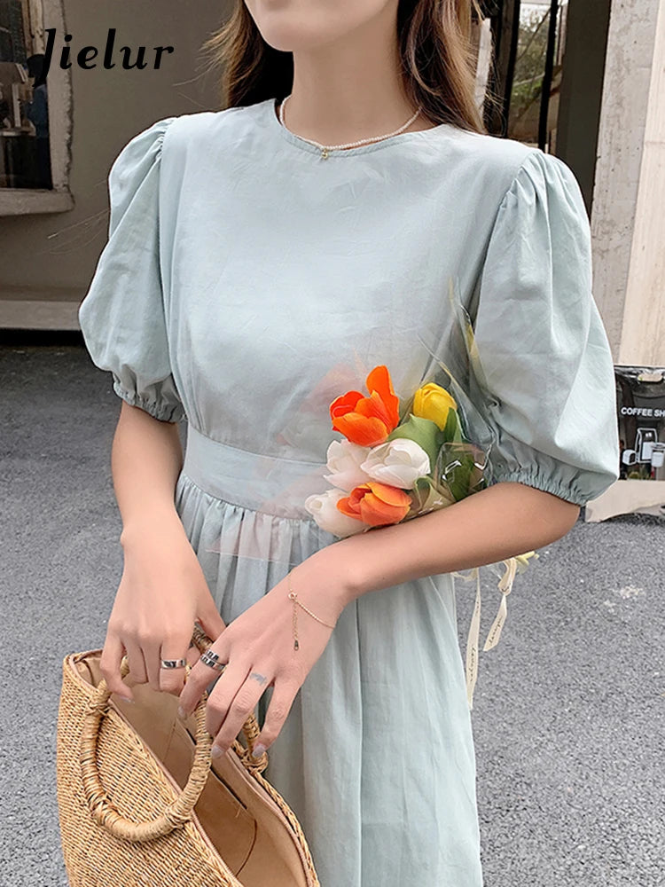 Korean Pure Color Romantic O-neck Short Sleeve Dress Women Summer New Fashion Midi Long Dress Casual Green Dresses Ladies