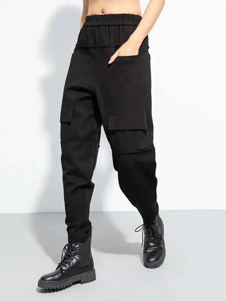 High Elastic Waist Black Big Pocket Long Casual Harem Pants New Trousers Women Fashion Tide Spring Autumn 2025 1DH5065