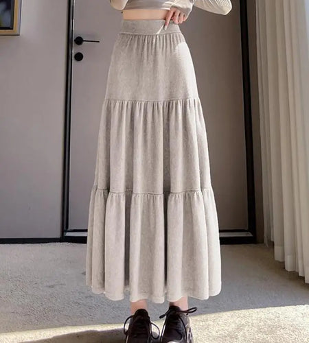 Vintage Women Solid High Waist Versatile Pleated A-line Long Skirts 2024 Autumn Winter French Sweet Cake Knit Skirt Streetwear