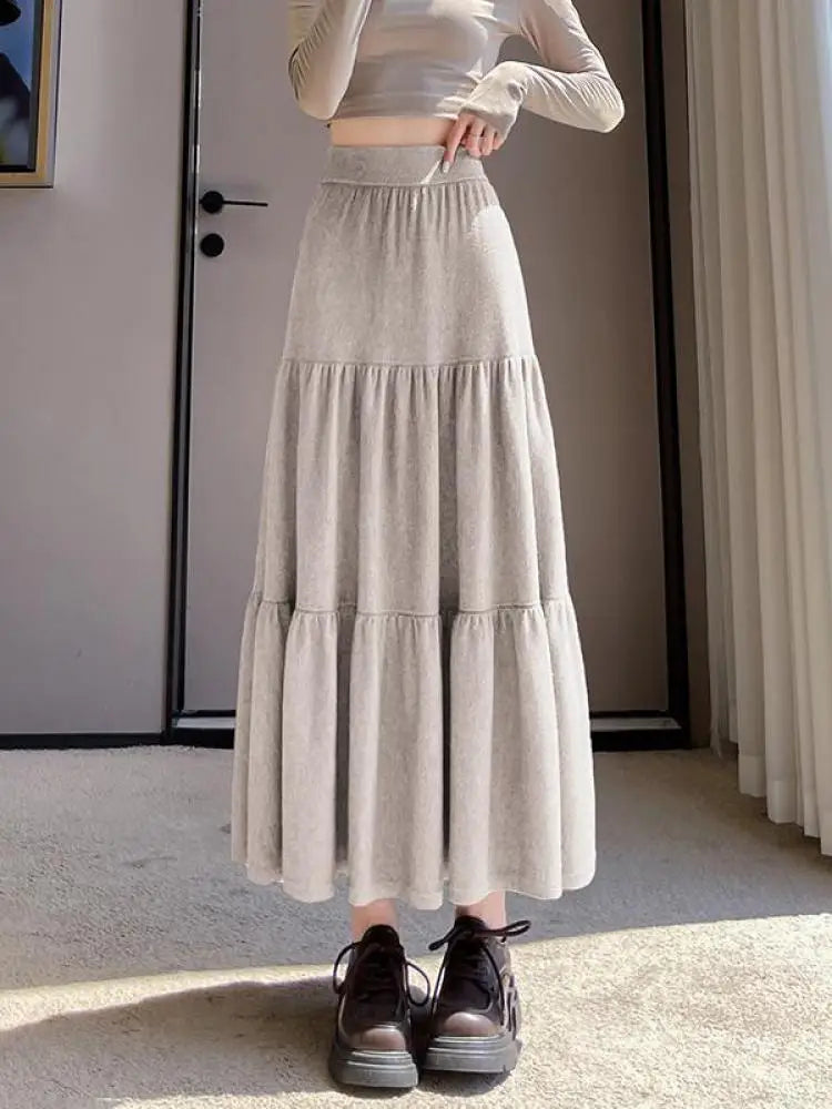 Vintage Women Solid High Waist Versatile Pleated A-line Long Skirts 2024 Autumn Winter French Sweet Cake Knit Skirt Streetwear
