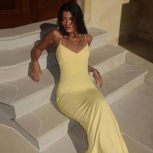 Load image into Gallery viewer, Spaghetti Strap Backless Sexy Maxi Dress For Women Gown Summer New Yellow Sleeveless Bodycon Long Dress Vestido
