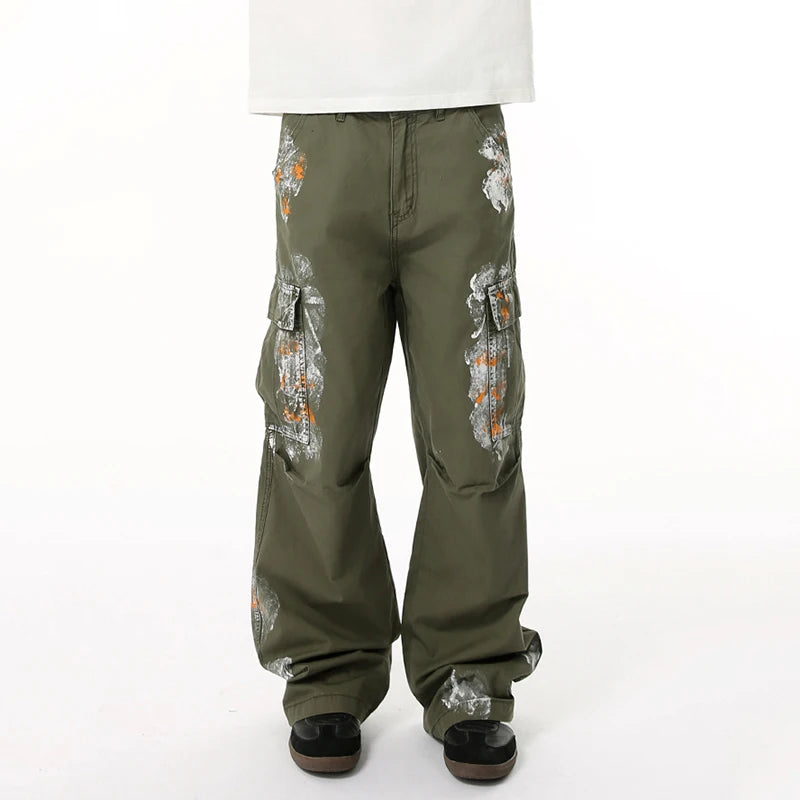 Men's Cargo Jeans New Summer American High Street Paint Design Multi Pockets Loose Male Bottoms Fold Design 2025 9W1685