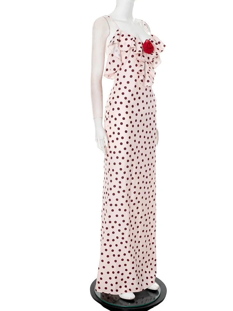 Rose Polka Dot Maxi Dress For Women Gown Spaghetti Strap Off-shoulder Sleeveless Backless Elegant Evening Club Dress