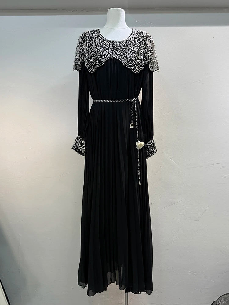 Hit Color Spliced Lace Up Loose Dresses For Women O Neck Long Sleeve Casual Dress Female Fashion Style Clothes New